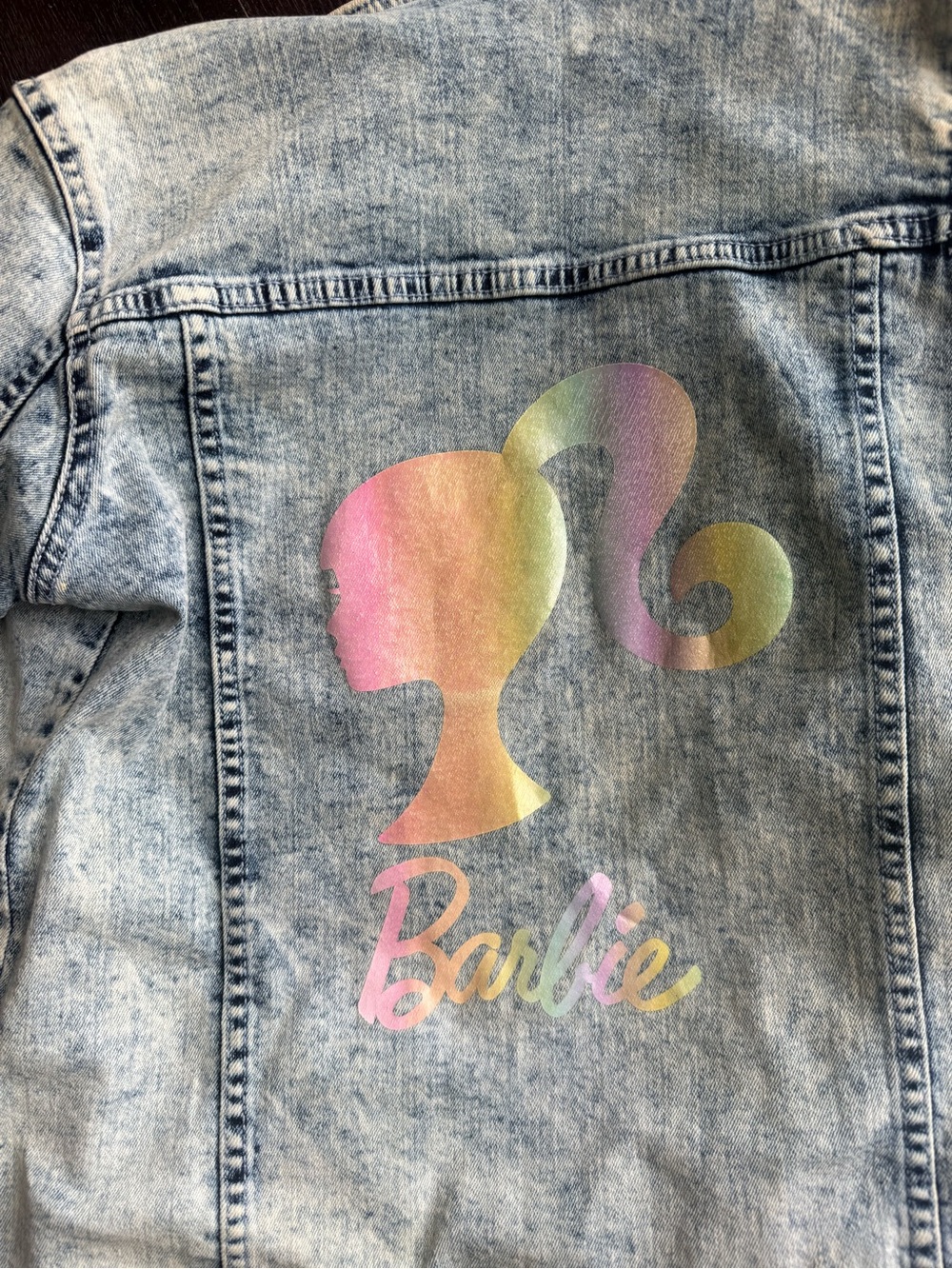 Barbie Pastel Gradient Silhouette Denim Jacket - Pink, Yellow, Green, Purple